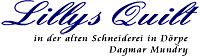 Textlogo "Lillys Quilt" in blauer Schrift mit Zusatz "in der alten Schneiderei in Dörpe".