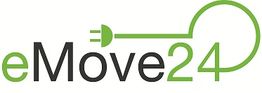 Logo von eMove24 in grüner und schwarzer Schrift mit Stecker als Design-Element.