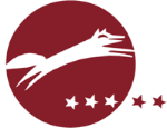 Weißer Fuchs und Sterne auf rotem Kreis im minimalistischen Logo.