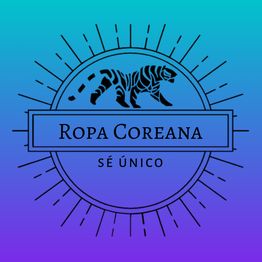 Logo azul y morado con tigre negro y texto: "Ropa Coreana. Sé único".