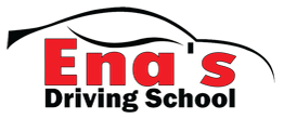 Logo for Ena's Driving School with bold red and black text on a stylized car silhouette.