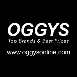 Texto blanco "OGGYS" en fondo negro, con el lema "Top Brands & Best Prices" y enlace web.