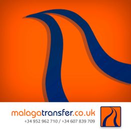 Logotipo de Malaga Transfer con fondo naranja y líneas azules, incluye número de contacto.