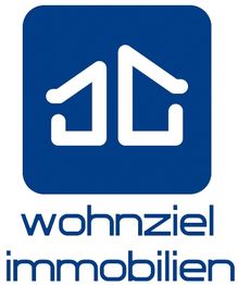 Logo von "wohnziel immobilien" mit stilisierten Hausdächern in einem blauen Quadrat.