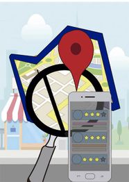 Mapa con marcador rojo, lupa y smartphone mostrando calificaciones de estrellas.