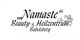 Schwarzer Schriftzug: "Namaste" Beauty- & Heilzentrum Babelsberg, dekorative Verzierung.
