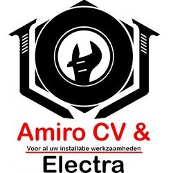 Zwart logo met moersleutel en rode tekst: "Amiro CV & Electra, Voor al uw installatie werkzaamheden".