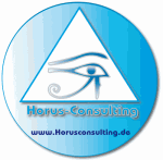 Logo mit Auge und "Horus-Consulting" auf blauem Kreis; Website darunter: www.Horusconsulting.de.
