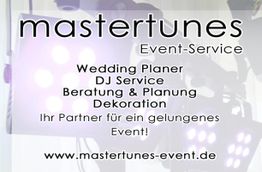 Text: "Mastertunes Event-Service: Wedding Planer, DJ, Beratung, Dekoration. www.mastertunes-event.de"