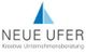 Logo mit blauem Segel und Text: "NEUE UFER - Kreative Unternehmensberatung".