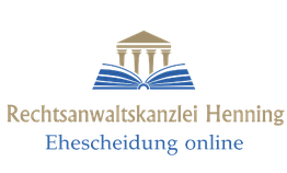 Logo der Rechtsanwaltskanzlei Henning mit Buch und Säulen, Text: "Ehescheidung online".