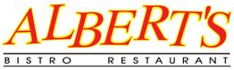 Logo von Albert's Bistro Restaurant in gelber und roter Schrift auf weißem Hintergrund.