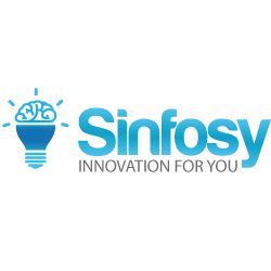 Blaues Sinfosy-Logo mit Glühbirne, daneben der Slogan "Innovation for You".