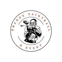 Brande Paintball: Logo med paintballspiller med hjelm og markør inden i en cirkel.