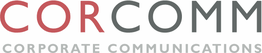 CORCOMM-Logo in roten und grauen Buchstaben mit dem Slogan "Corporate Communications".