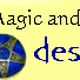 Blaue Perlenkette mit Pentagramm-Anhänger, Text: "Magic and Arts design" auf gelbem Hintergrund.