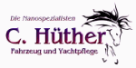 Logo mit Pferdekopf, Text: "C. Hüther - Fahrzeug und Yachtpflege", lila Schrift.