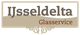 Logo van IJsseldelta Glasservice met sierlijke rand en zandkleurige achtergrond.