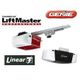 LiftMaster and Linear garage door openers with logos for Chamberlain, Genie, and Linear brands.