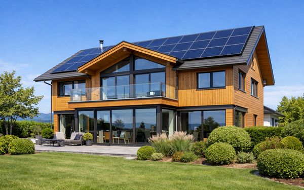 Modernes Minergie-Haus in der Schweiz mit großen Fenstern, Solarpaneelen auf dem Dach und Holzfassade, umgeben von einem grünen Garten unter blauem Himmel, zeigt energieeffizientes und nachhaltiges Wohnen.
