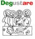 Vier stilisierte Personen stehen hinter einem Tisch, darüber steht "Degustare" in Grün, Grau und Rot.
