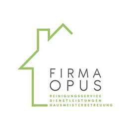 Logo von Firma Opus mit einem Haus-Symbol und Text zu Reinigungsservice und Dienstleistungen.