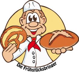 Ein Bäcker mit Brezel und Brot, lächelnd, mit der Aufschrift "Die Frühstücksbringer".