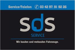 SDS Service-Logo mit Telefonnummer und dem Text: "Wir kaufen und verkaufen Fahrzeuge".