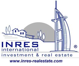 Logo von INRES Immobilien mit Gebäuden und der Website www.inres-realestate.com.
