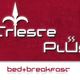 Logo di "Trieste Plus" su sfondo rosso, con scritta "bed + breakfast" in basso.