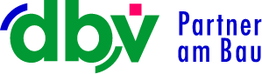 Logo mit dem Text "dbv Partner am Bau" in grüner und blauer Schrift, rosa Quadrat über "V".