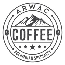 Ronde Arwac Coffee-logo met bergen en tekst "Colombian Specialty".