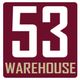 Nummer 53 met "WAREHOUSE" op een bordeauxrode achtergrond met witte tekst.