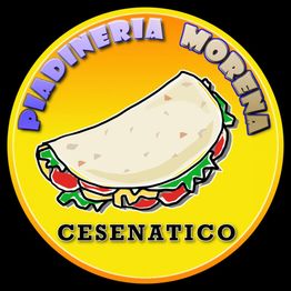Logo arancione e giallo con piadina e scritta: "Piadineria Morena Cesenatico".