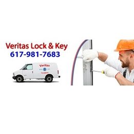 Locksmith in hard hat fixing a door. Veritas Lock & Key contact info and service van shown.