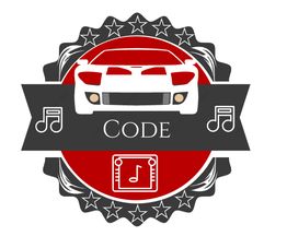 Auto-Symbol auf rotem Kreis mit Musiknoten, Sternen und dem Wort "CODE" in der Mitte.