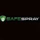 Logo with a shield and the text "SAFE SPRAY" in green and white on a black background.