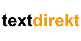 Schwarzer und orangefarbener Schriftzug "textdirekt" auf weißem Hintergrund.