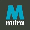 Logo van Mitra met een blauwe "M" boven een witte tekst op een donkere achtergrond.