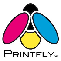 Logo von Printfly.de, stilisierte Fliege in Magenta, Blau und Gelb auf weißem Hintergrund.