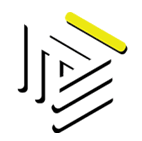 Logo stilizzato con linee nere e un tratto giallo, formando una forma geometrica dinamica.