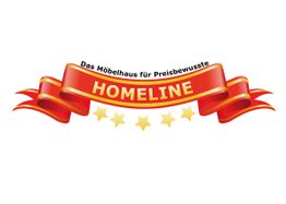 Rotes Banner mit gelbem "HOMELINE"-Text, fünf Sternen und Slogan "Das Möbelhaus für Preisbewusste".