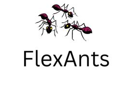 Drei stilisierte rote Ameisen über dem Text "FlexAnts" auf weißem Hintergrund.