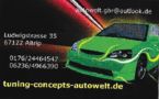 Grüne Autowerbung mit Kontaktinformationen und Website: tuning-concepts-autowelt.de.