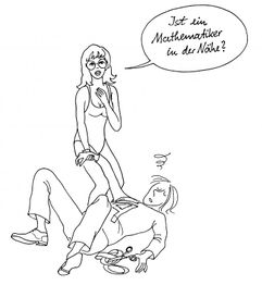 Frau fragt nach einem Mathematiker neben einem ohnmächtigen Mann auf dem Boden.