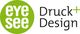 Logo mit grünem Kreis "eye see" und Text "Druck + Design" in Schwarz.