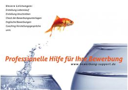 Goldfisch springt von kleinem in großen Fischbehälter, Text: "Professionelle Hilfe für Ihre Bewerbung".