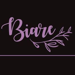 Texto "Biare" en lila con diseño floral sobre fondo negro.