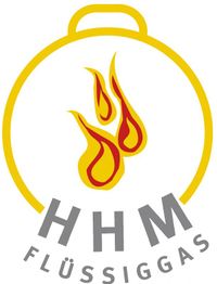 Logo mit gelbem Gasflaschenumriss, roter Flamme, darunter Schriftzug "HHM Flüssiggas".