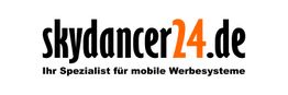 Logo von skydancer24.de mit dem Slogan "Ihr Spezialist für mobile Werbesysteme".